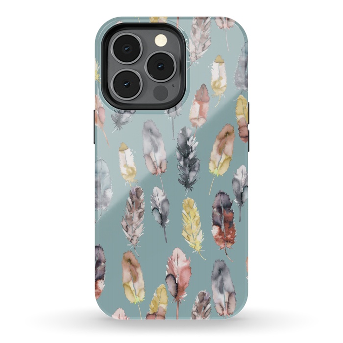 iPhone 13 pro StrongFit Boho Feathers Watercolor Yellow by Ninola Design