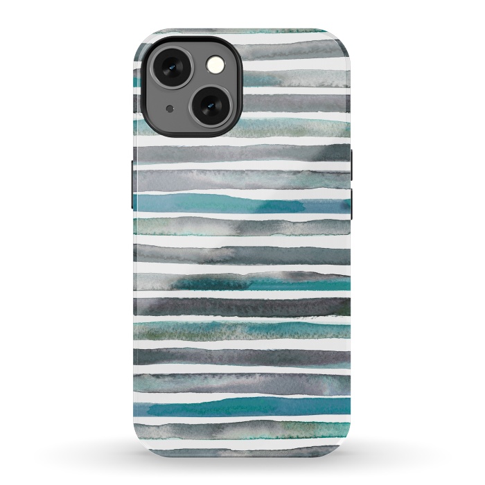 iPhone 13 StrongFit Watercolor Stripes and Lines Blue Aqua by Ninola Design