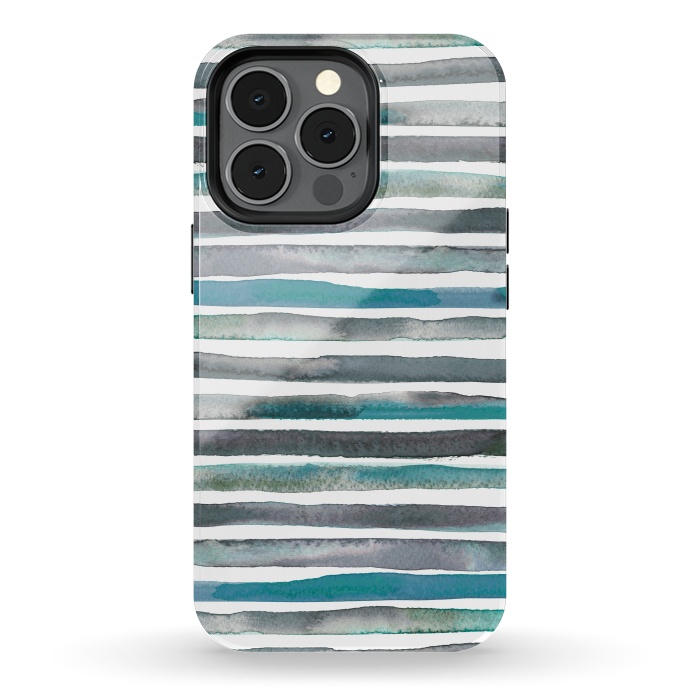 iPhone 13 pro StrongFit Watercolor Stripes and Lines Blue Aqua by Ninola Design