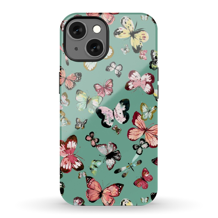 iPhone 13 StrongFit Flying Butterflies Watercolor Teal by Ninola Design