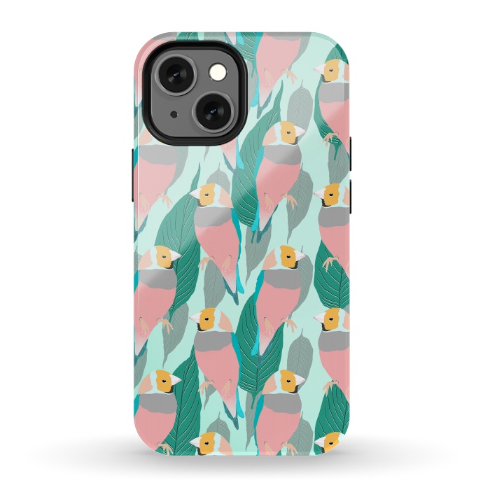 iPhone 13 mini StrongFit Trendy Pink Rainbow Finch Bird & Green Foliage Design by InovArts