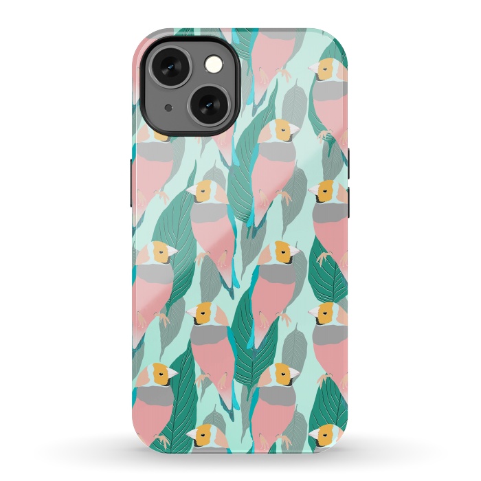 iPhone 13 StrongFit Trendy Pink Rainbow Finch Bird & Green Foliage Design by InovArts