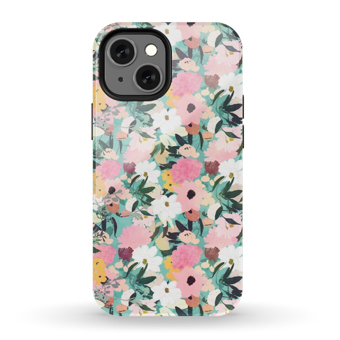 iPhone 13 mini StrongFit Pretty Watercolor Pink & White Floral Green Design by InovArts