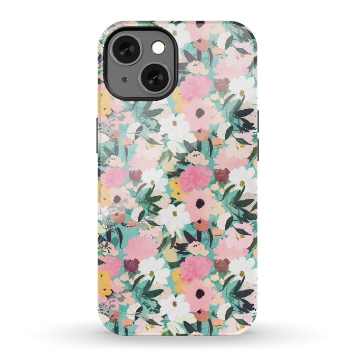 iPhone 13 StrongFit Pretty Watercolor Pink & White Floral Green Design by InovArts