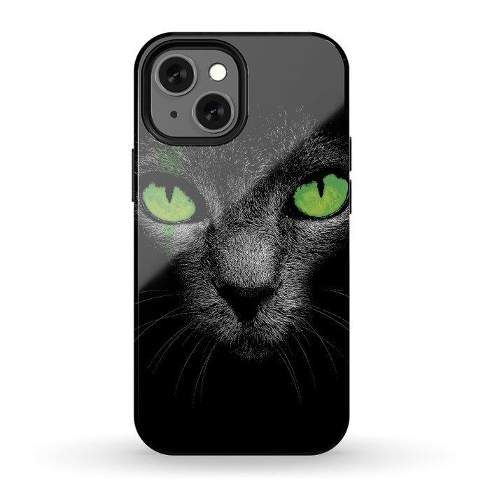 iPhone 13 mini StrongFit Black Cat with Green Eyes by Sitchko