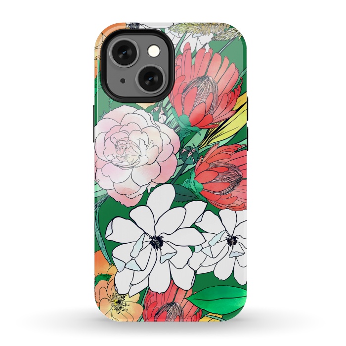 iPhone 13 mini StrongFit Colorful Hand Drawn Flowers Green Girly Design by InovArts
