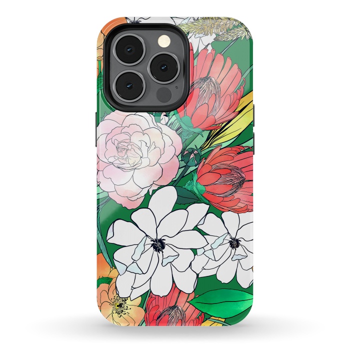 iPhone 13 pro StrongFit Colorful Hand Drawn Flowers Green Girly Design by InovArts