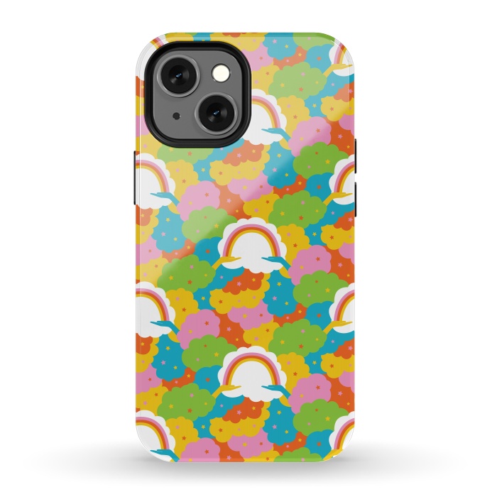 iPhone 13 mini StrongFit Rainbows, clouds, hands, We're in This Together repeat pattern in pastels by Portia Monberg