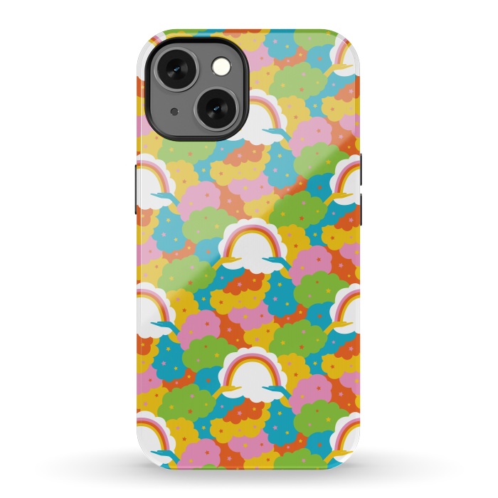 iPhone 13 StrongFit Rainbows, clouds, hands, We're in This Together repeat pattern in pastels by Portia Monberg