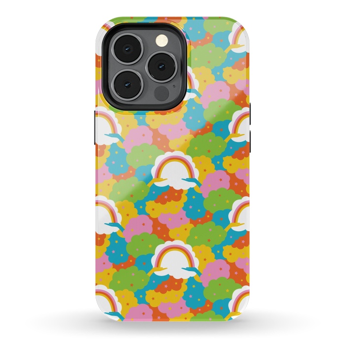 iPhone 13 pro StrongFit Rainbows, clouds, hands, We're in This Together repeat pattern in pastels by Portia Monberg