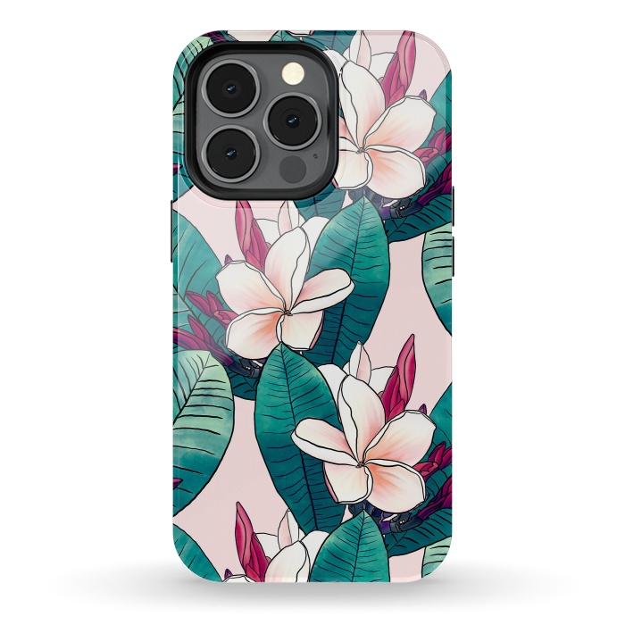 iPhone 13 pro StrongFit Trendy Tropical Plumeria Flowers Green Foliage Design by InovArts