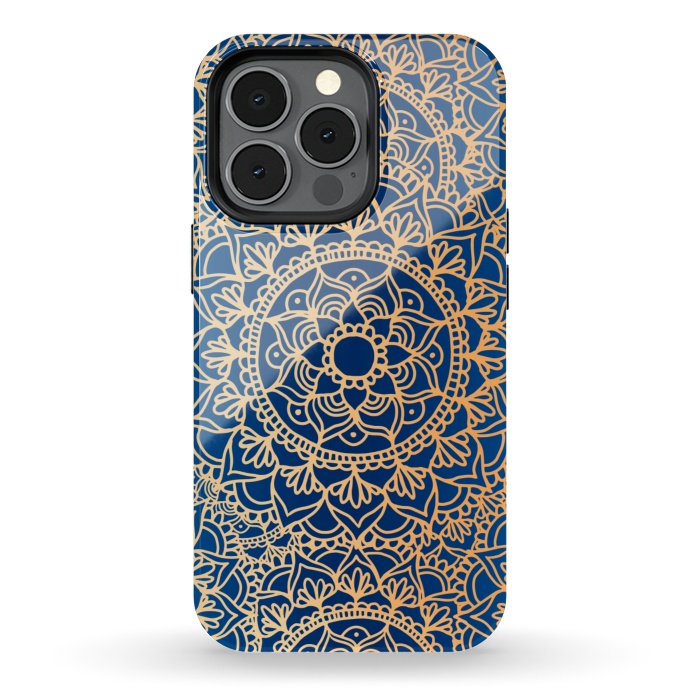 iPhone 13 pro StrongFit Blue and Yellow Mandala Pattern by Julie Erin Designs