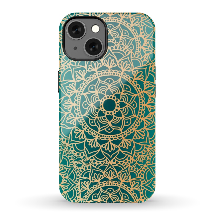iPhone 13 StrongFit Teal Green and Yellow Mandala Pattern by Julie Erin Designs