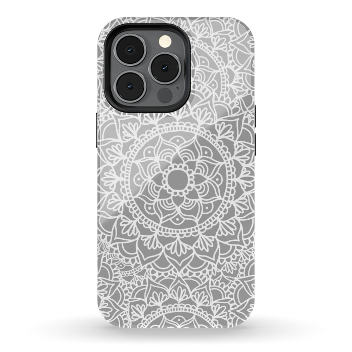 iPhone 13 pro StrongFit White and Gray Mandala Pattern by Julie Erin Designs