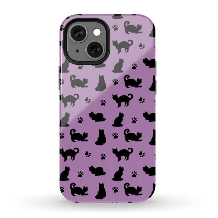 iPhone 13 mini StrongFit Black and Purple Cats and Paw Prints Pattern by Julie Erin Designs