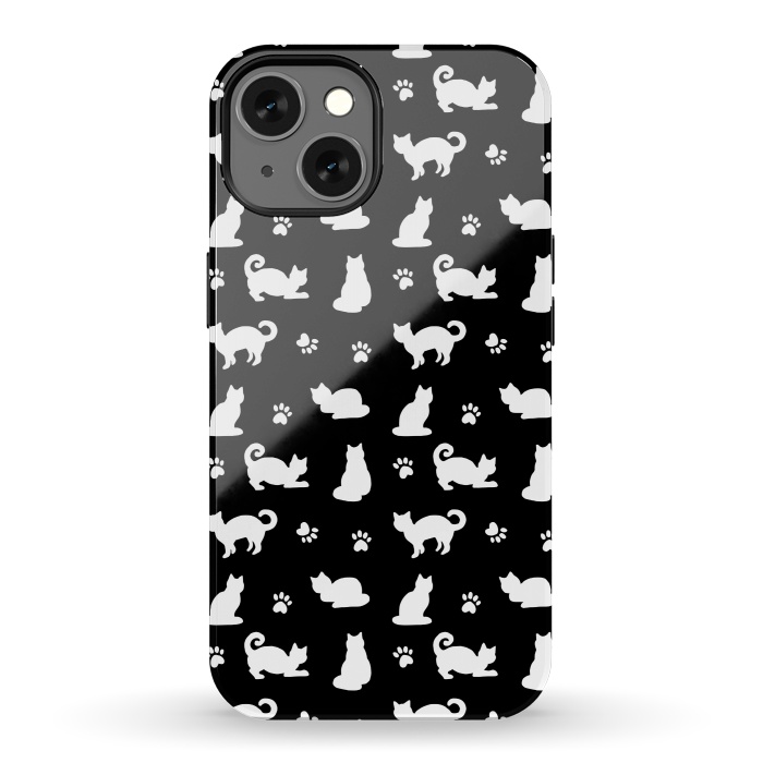 iPhone 13 StrongFit Black and White Cats and Paw Prints Pattern by Julie Erin Designs