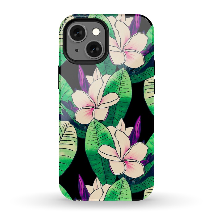 iPhone 13 mini StrongFit Stylish Plumeria Flower Tropical Green Foliage Design by InovArts