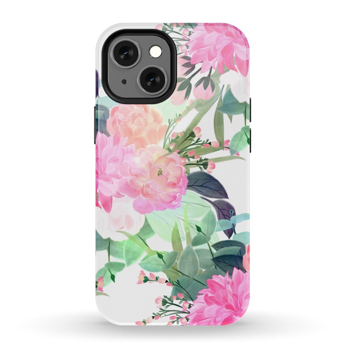 iPhone 13 mini StrongFit Girly Pink & White Flowers Watercolor Paint by InovArts
