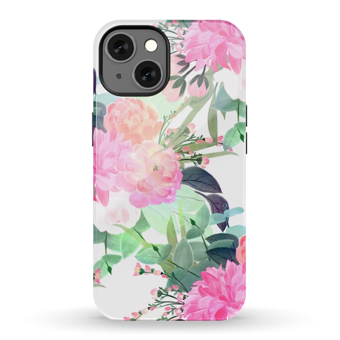 iPhone 13 StrongFit Girly Pink & White Flowers Watercolor Paint by InovArts