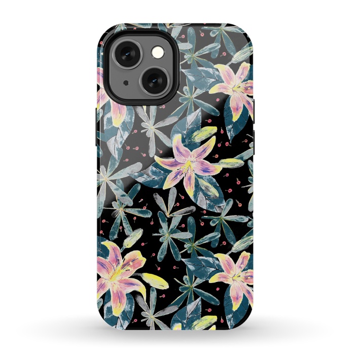 iPhone 13 mini StrongFit Painted flowers and tropical leaves - dark green by Oana 