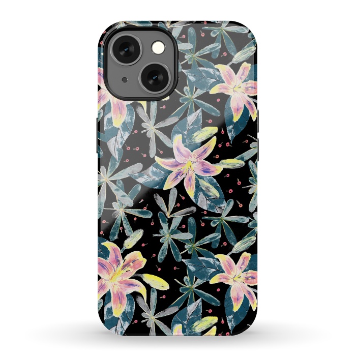 iPhone 13 StrongFit Painted flowers and tropical leaves - dark green by Oana 