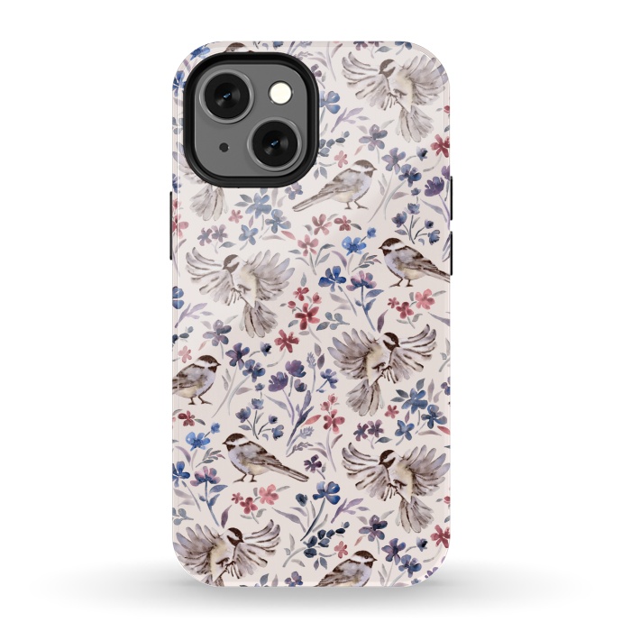 iPhone 13 mini StrongFit Chickadees and Wildflowers on Cream by Micklyn Le Feuvre