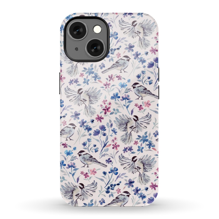 iPhone 13 StrongFit Chickadees and Wildflowers in lavender blues on cream by Micklyn Le Feuvre