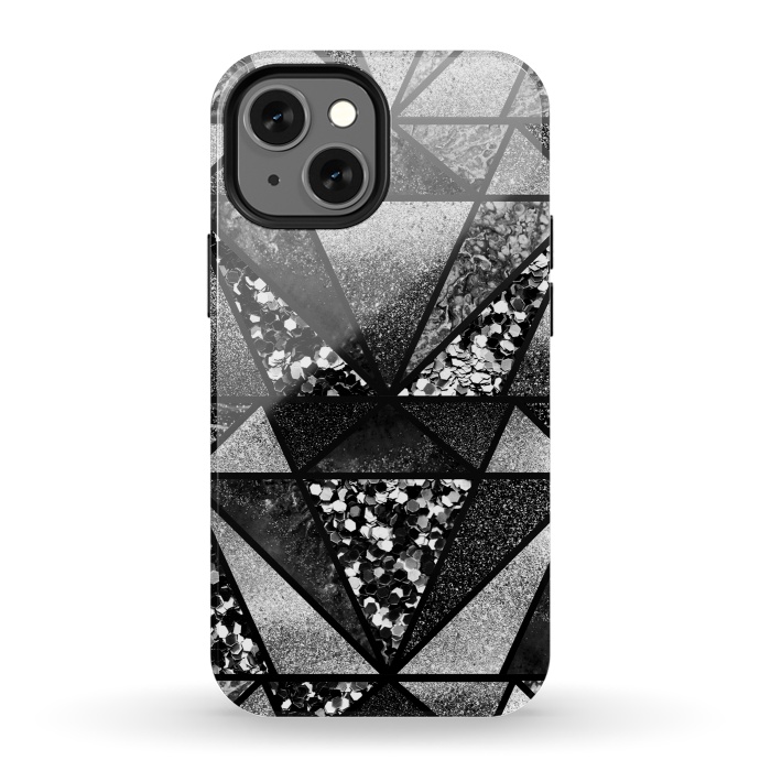 iPhone 13 mini StrongFit Black and silver glitter sparkle triangles by Oana 