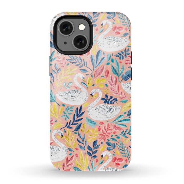 iPhone 13 mini StrongFit Whimsical White Swans and Colorful Leaves on Pale Peach Pink by Micklyn Le Feuvre