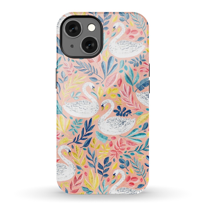 iPhone 13 StrongFit Whimsical White Swans and Colorful Leaves on Pale Peach Pink by Micklyn Le Feuvre