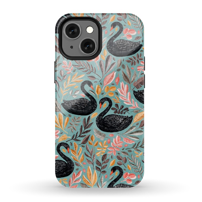 iPhone 13 mini StrongFit Bonny Black Swans with Autumn Leaves on Sage by Micklyn Le Feuvre