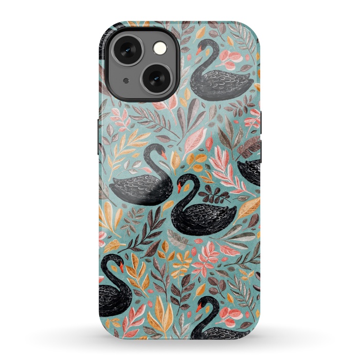 iPhone 13 StrongFit Bonny Black Swans with Autumn Leaves on Sage by Micklyn Le Feuvre