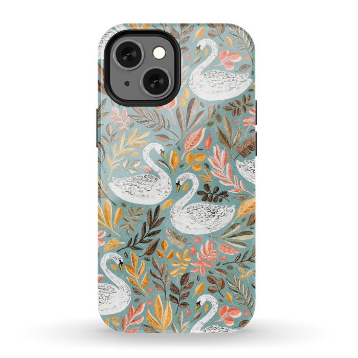 iPhone 13 mini StrongFit Whimsical White Swans with Autumn Leaves on Sage by Micklyn Le Feuvre
