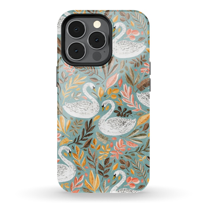 iPhone 13 pro StrongFit Whimsical White Swans with Autumn Leaves on Sage by Micklyn Le Feuvre