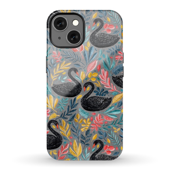 iPhone 13 StrongFit Bonny Black Swans with Lots of Leaves on Grey by Micklyn Le Feuvre