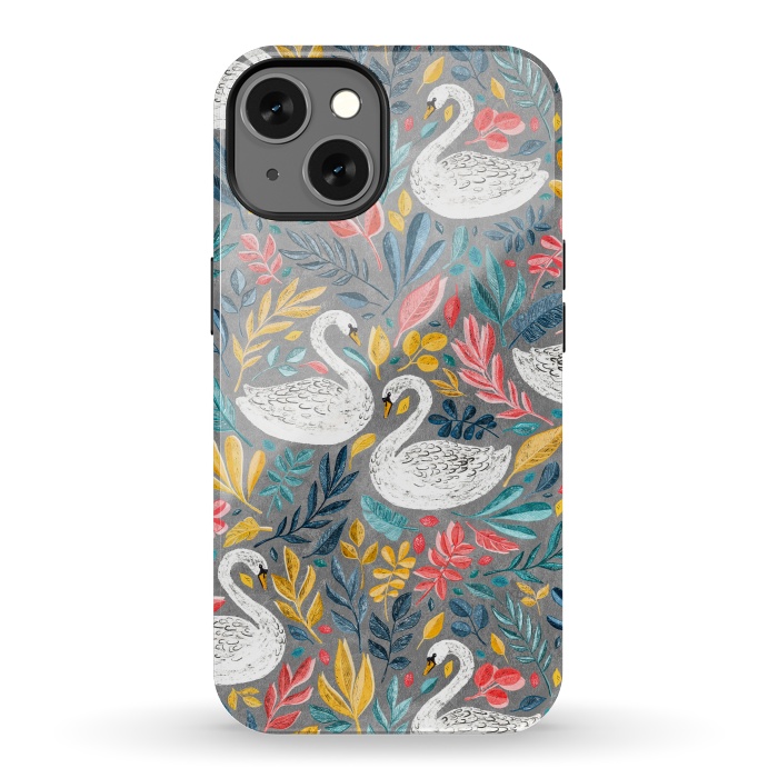iPhone 13 StrongFit Whimsical White Swans with Lots of Leaves on Grey by Micklyn Le Feuvre