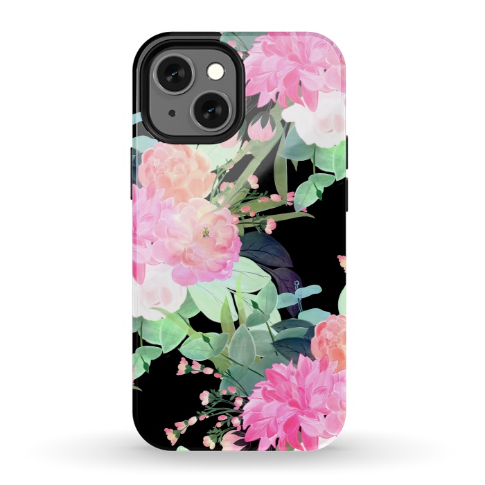iPhone 13 mini StrongFit Trendy Pink & Black Flowers Watercolor Design by InovArts