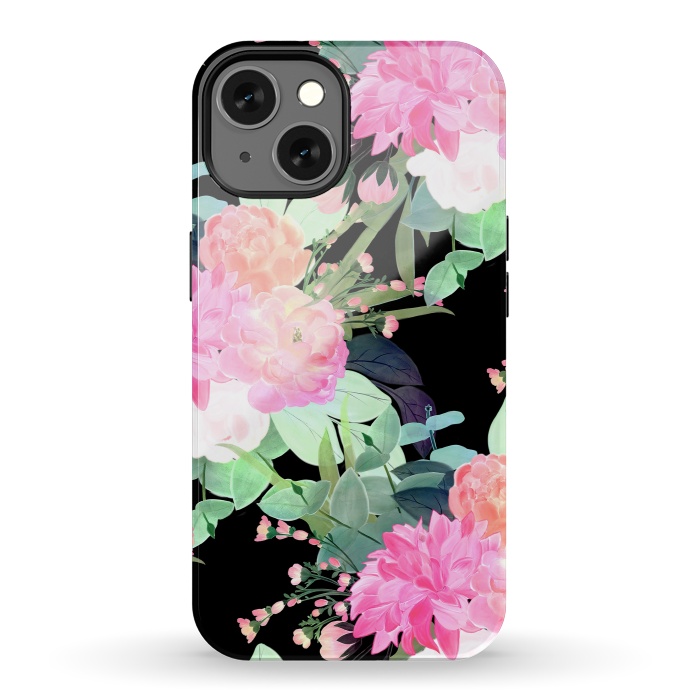 iPhone 13 StrongFit Trendy Pink & Black Flowers Watercolor Design by InovArts
