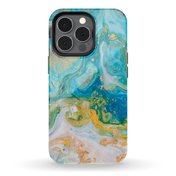 iPhone 13 pro StrongFit Blue Acrylic Texture with Golden Marble Motifs by ArtsCase