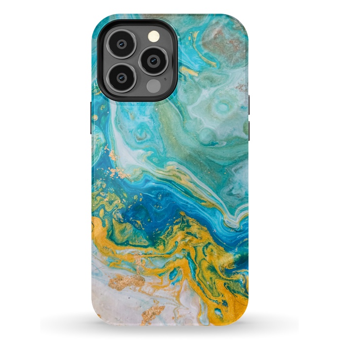 iPhone 13 Pro Max StrongFit Blue Acrylic Texture with Golden Marble Motifs by ArtsCase