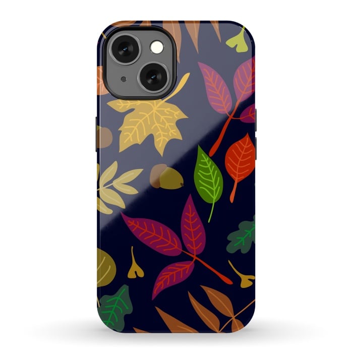 iPhone 13 StrongFit Colorful Leaves and Acorns on Black Background by ArtsCase