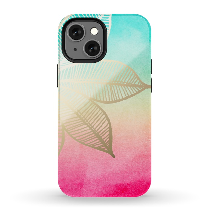 iPhone 13 mini StrongFit Gold Flower on Turquoise and Pink Watercolor by Tangerine-Tane