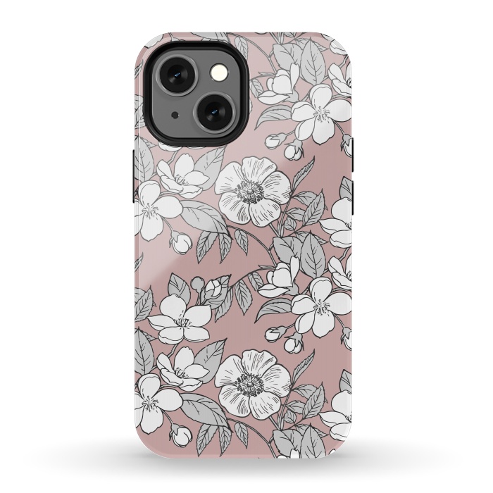 iPhone 13 mini StrongFit White Cherry flowers line art drawing on pink by Oana 