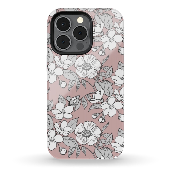 iPhone 13 pro StrongFit White Cherry flowers line art drawing on pink by Oana 