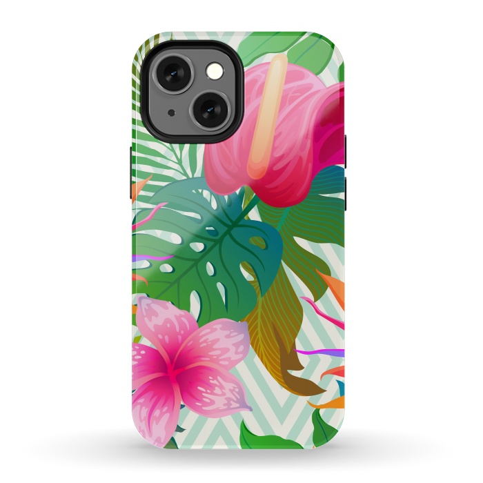 iPhone 13 mini StrongFit Exotic Flowers and Leaves in Geometric Decoration by ArtsCase