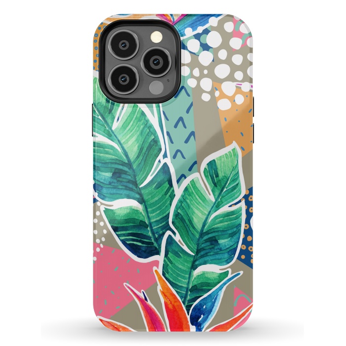 iPhone 13 Pro Max StrongFit Tropical Flowers Watercolors with Geometric Outline by ArtsCase