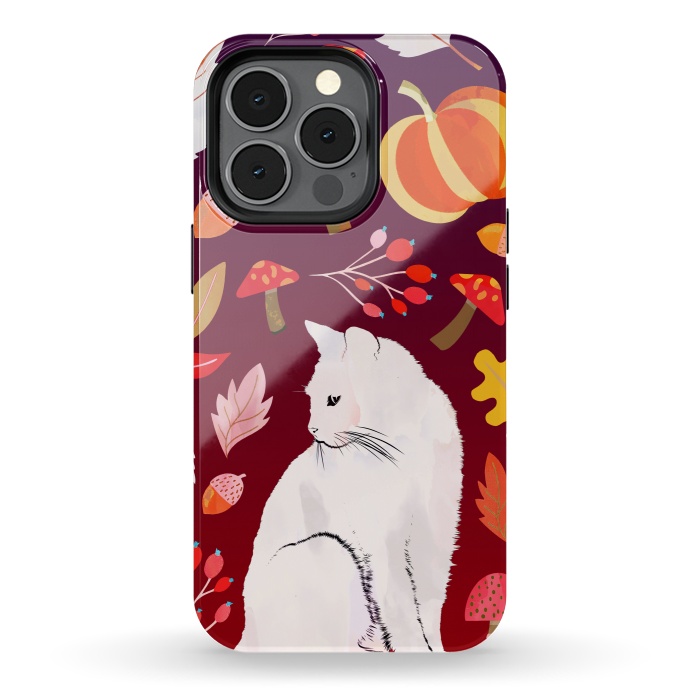 iPhone 13 pro StrongFit White cat and autumn nature pattern by Oana 