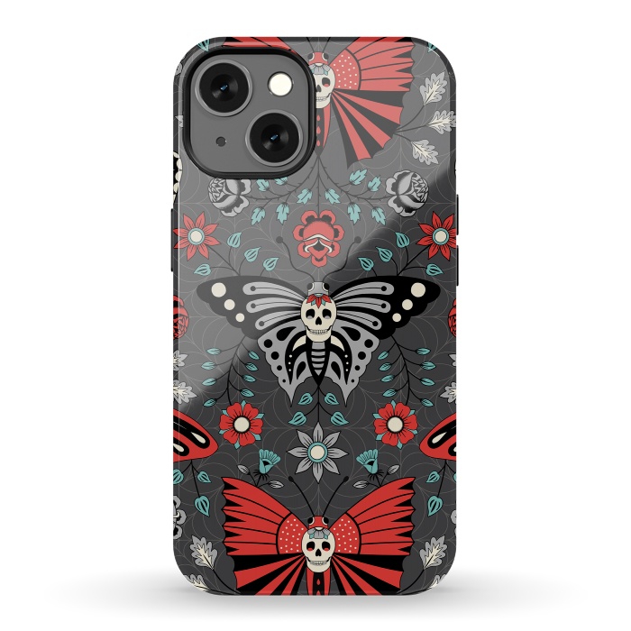iPhone 13 StrongFit Gothic Halloween Skulls, Butterflies Flowers on a dark gray background by Portia Monberg