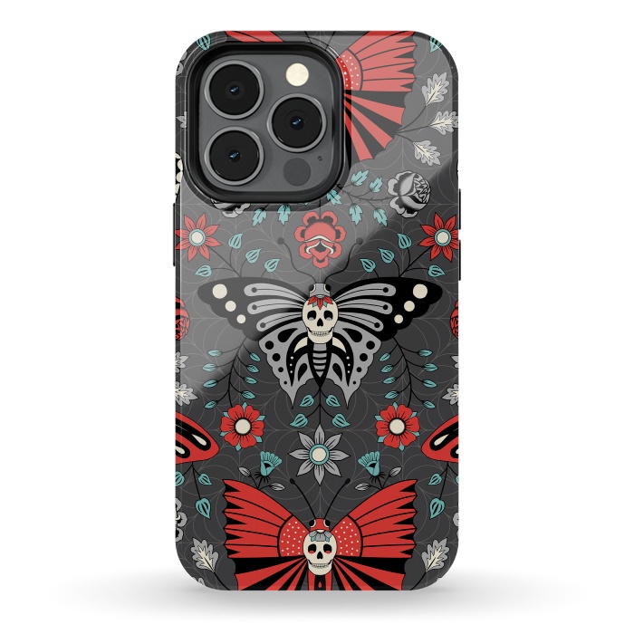 iPhone 13 pro StrongFit Gothic Halloween Skulls, Butterflies Flowers on a dark gray background by Portia Monberg