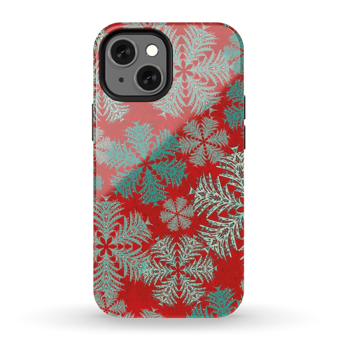 iPhone 13 mini StrongFit Xmas Snowflakes Red Aqua by Lotti Brown